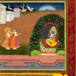 Pintura (Jaipur, Rajasthan, c. 1790–1800): A confidente leva Rādhā até Kṛṣṇa