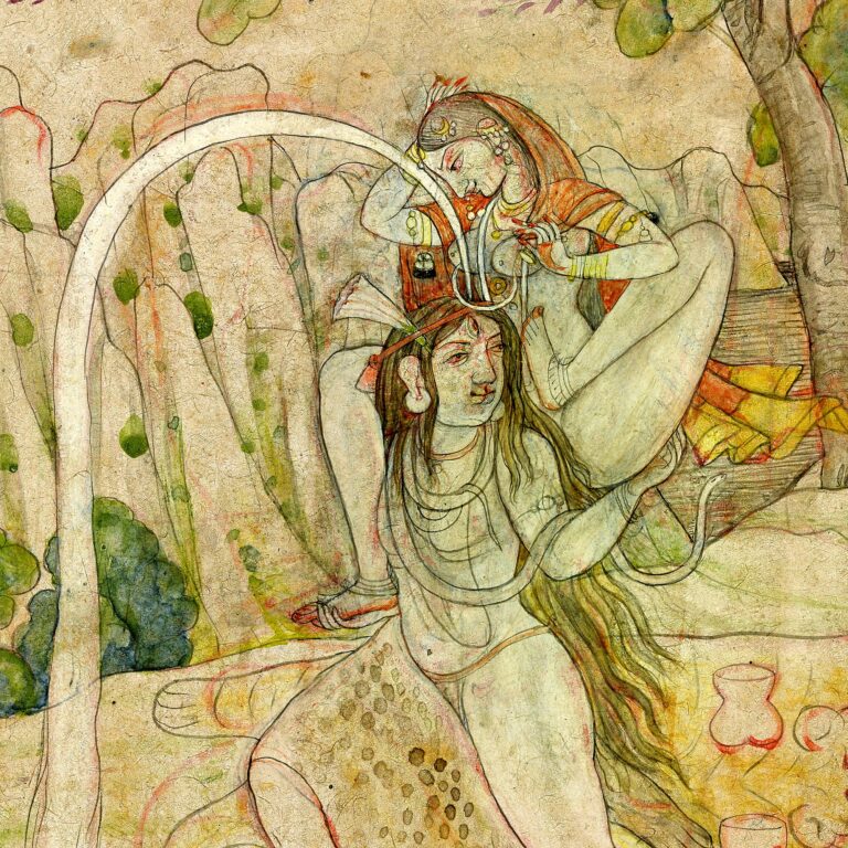 Śiva recebe nos cabelos a torrente do rio Gaṅgā, que desce do céu, em pintura de Kangra de c. 1800