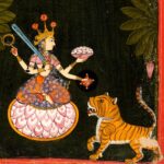 Pintura rajput: deusa de quatro braços sentada num lótus, entre bananeiras, com o seu tigre embaixo