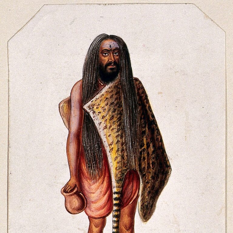 Guache indiano (c. 1880): Asceta de manto açafrão e pele de tigre