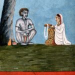 Guache indiano (c. 1800): Asceta sentado sob uma árvore recebe alimento