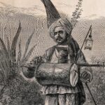 Xilogravura de 1876: asceta indiano em pé toca um tambor e um instrumento de corda