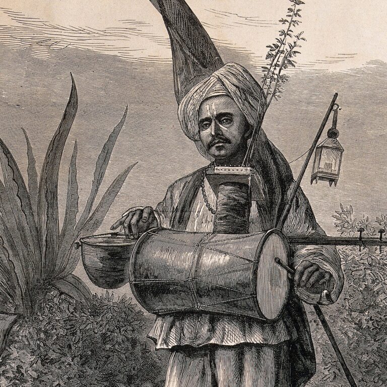 Xilogravura de 1876: asceta indiano em pé toca um tambor e um instrumento de corda