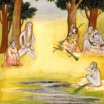 Grupo de ascetas de longos cabelos sentados sob árvores, um deles tocando instrumento, em pintura indiana