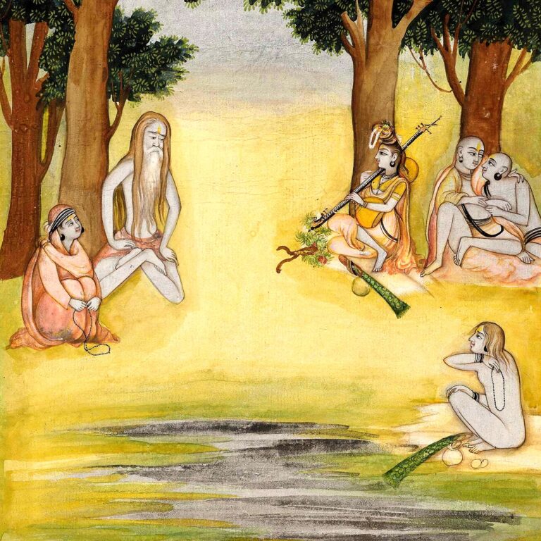 Grupo de ascetas de longos cabelos sentados sob árvores, um deles tocando instrumento, em pintura indiana