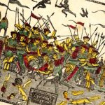 Xilogravura colorida de Calcutá com uma cena da batalha de Kurukṣetra, do Mahābhārata