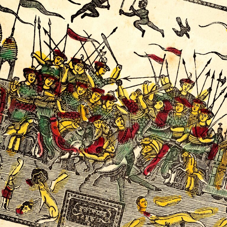 Xilogravura colorida de Calcutá com uma cena da batalha de Kurukṣetra, do Mahābhārata