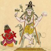 Pintura do Sul da Índia, c. 1820: Śiva como Bhairava, de quatro braços com tridente, tambor ḍamaru e crânio, diante do seu cão, com Brahmā de quatro cabeças ajoelhado em adoração