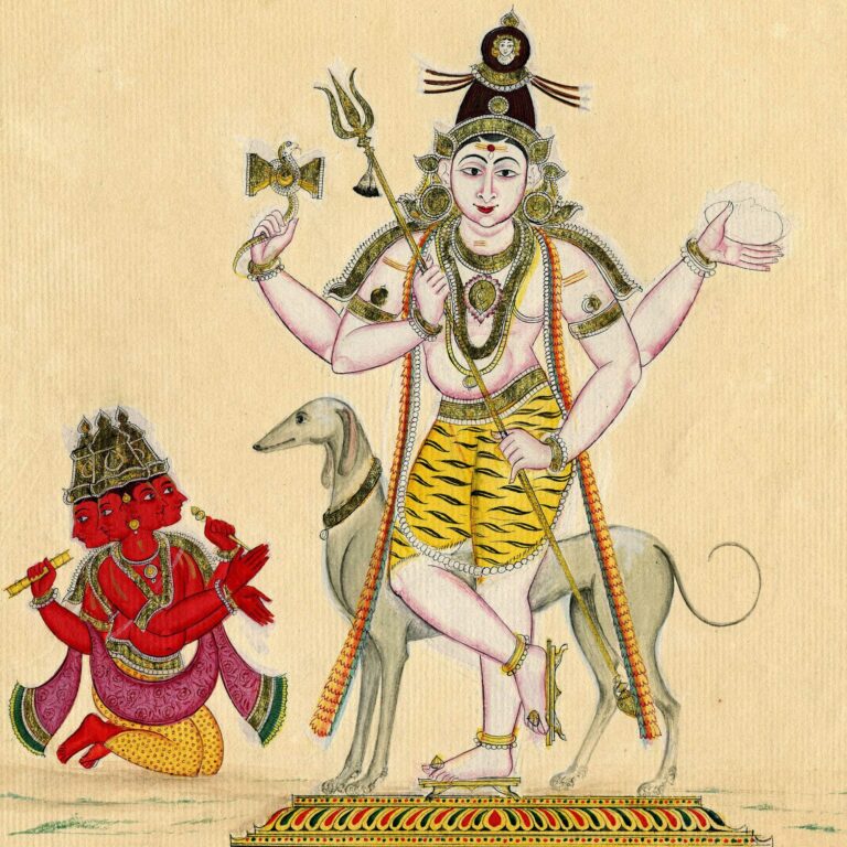 Pintura do Sul da Índia, c. 1820: Śiva como Bhairava, de quatro braços com tridente, tambor ḍamaru e crânio, diante do seu cão, com Brahmā de quatro cabeças ajoelhado em adoração