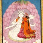 Pintura (Pahari, início do séc. XIX): Casal divino sentado numa flor de lótus