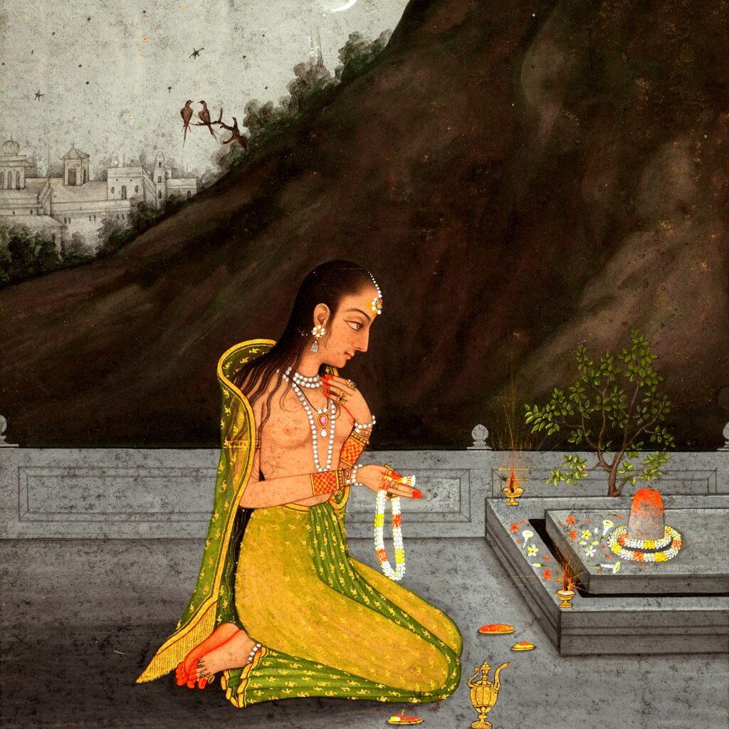 Pintura mogol: mulher oferece guirlanda a um liṅga de Śiva à noite, sob estrelas, lua crescente e lamparinas