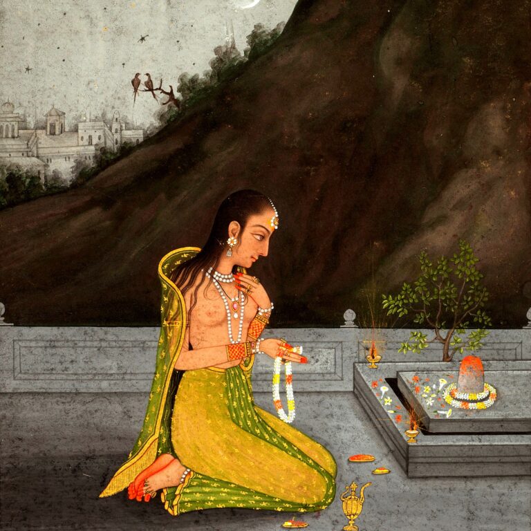 Pintura mogol: mulher oferece guirlanda a um liṅga de Śiva à noite, sob estrelas, lua crescente e lamparinas
