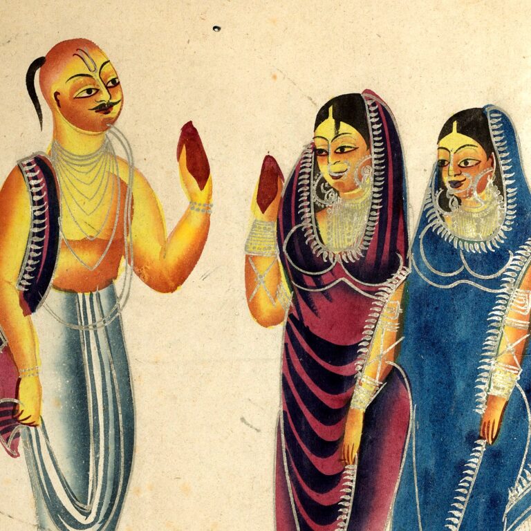 Pintura (Kalighat, Calcutá, c. 1890): Devoto vaiṣṇava com duas mulheres