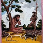 Guache indiano: dois yogis: um medita, o outro faz um rito do fogo