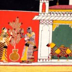 Pintura (Malwa, c. 1650): Duas mulheres colhem flores num terraço: Guṇakalī Rāgiṇī