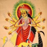 Pintura de Kalighat: Durgā de dez braços, com seu leão, mata o demônio-búfalo Mahiṣa