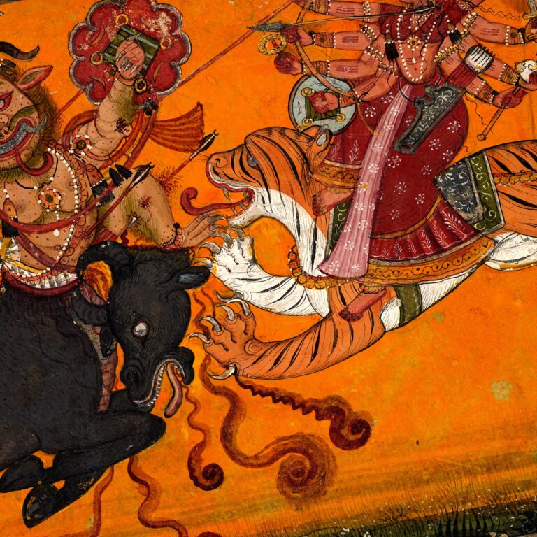 Pintura Pahari: Durgā de muitos braços, montada num tigre, vence o demônio-búfalo Mahiṣa