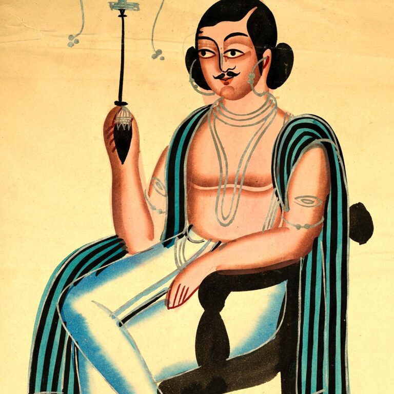 Pintura (Kalighat, Calcutá, c. 1880): Homem numa cadeira europeia fumando cachimbo