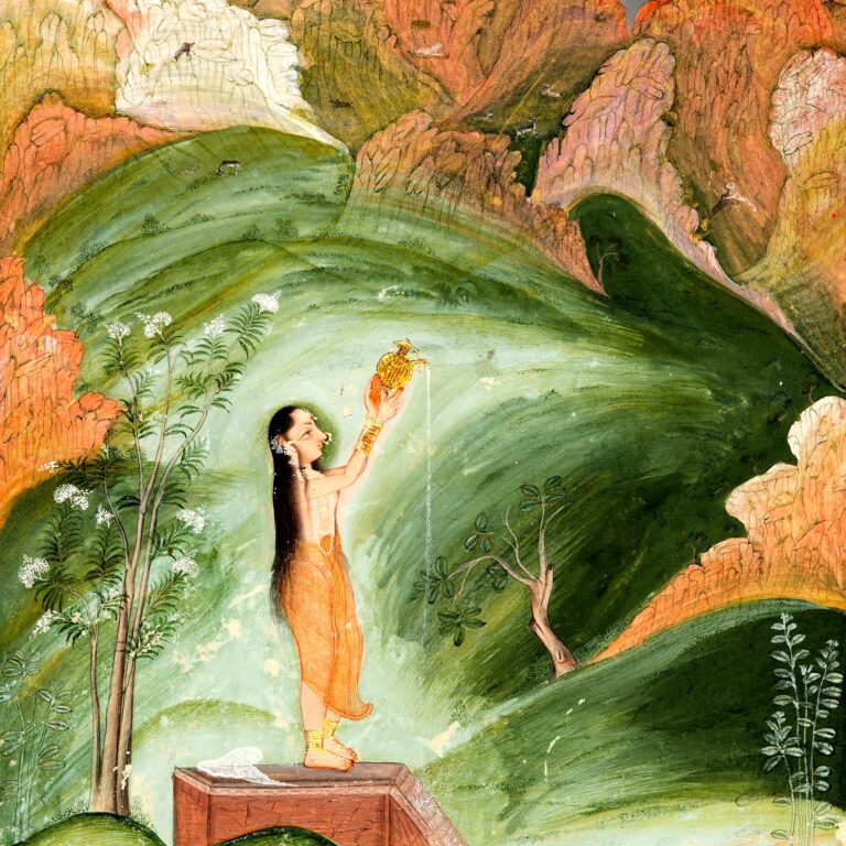Pintura rajput: jovem derrama água em oferenda ao sol nascente, junto a um lago com lótus e patos