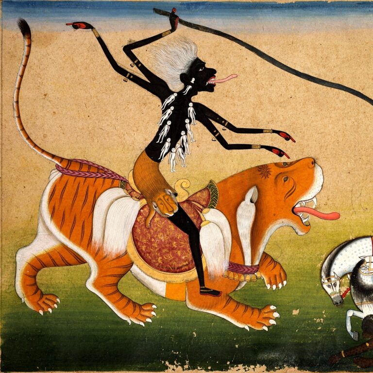 Pintura (Pahari, c. 1740): Kālī ataca Niśumbha