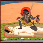Pintura (Pahari, c. 1810): Kālī sobre Śiva, de uma série tântrica da Devī