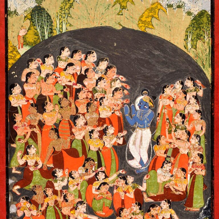 Pintura (Kota, Rajasthan, c. 1720–30): Kṛṣṇa e as gopīs se reúnem para o rāsamaṇḍala