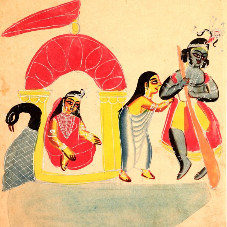 Pintura (Kalighat, Calcutá, c. 1890): Kṛṣṇa leva Rādhā de barco pelo Yamunā