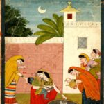 Pintura pahari c. 1820: o menino Kṛṣṇa aponta o reflexo da Lua numa tigela de água, cercado de mulheres