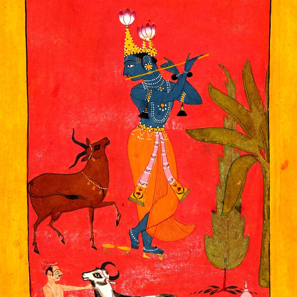 Pintura (Bundi, Rajasthan, c. 1675–1700): Kṛṣṇa tocando a flauta