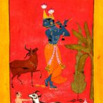 Pintura (Bundi, Rajasthan, c. 1675–1700): Kṛṣṇa tocando a flauta