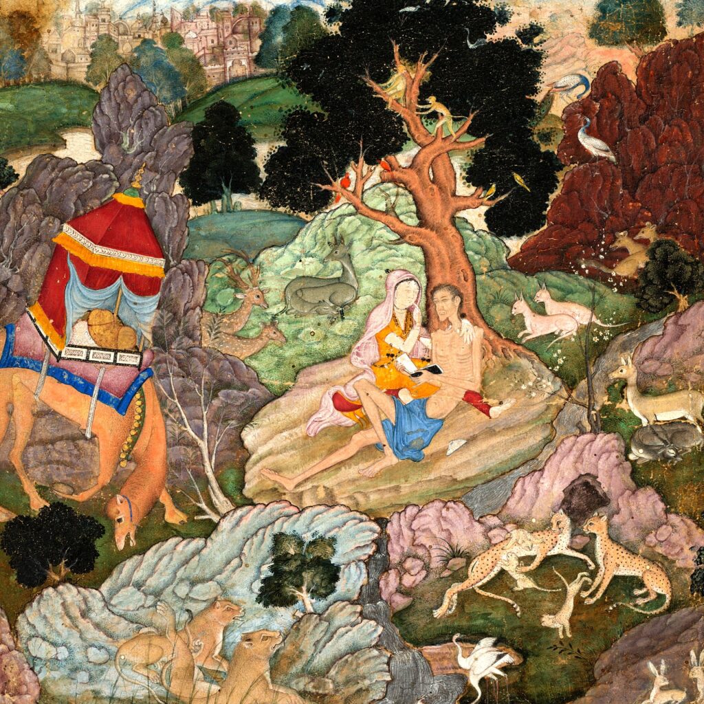 Miniatura mogol c. 1595: casal sentado numa paisagem rochosa, cercado de cervos, leões, macacos e um camelo