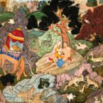 Miniatura mogol c. 1595: casal sentado numa paisagem rochosa, cercado de cervos, leões, macacos e um camelo