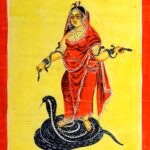 Pintura (Kalighat, Calcutá, c. 1890): Manasā, a deusa das serpentes