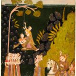 Pintura de Jodhpur c. 1740: mulheres se divertem num balanço numa árvore durante a festa das monções