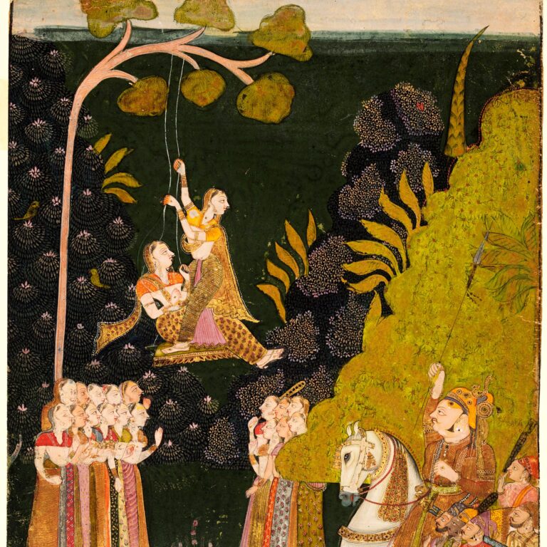 Pintura de Jodhpur c. 1740: mulheres se divertem num balanço numa árvore durante a festa das monções