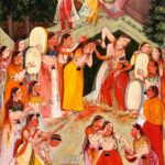 Pintura (Bikaner, Rajasthan, c. 1640–50): Moças se molham no Holi
