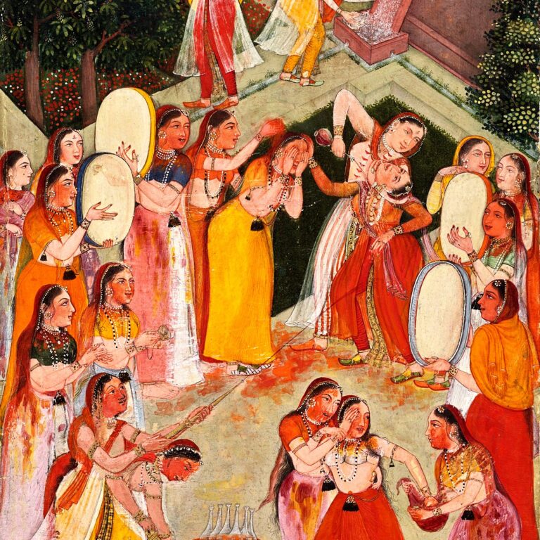 Pintura (Bikaner, Rajasthan, c. 1640–50): Moças se molham no Holi