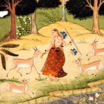 Pintura (Amber, Rajasthan, c. 1610): Mulher alimenta os cervos: Toḍī Rāgiṇī