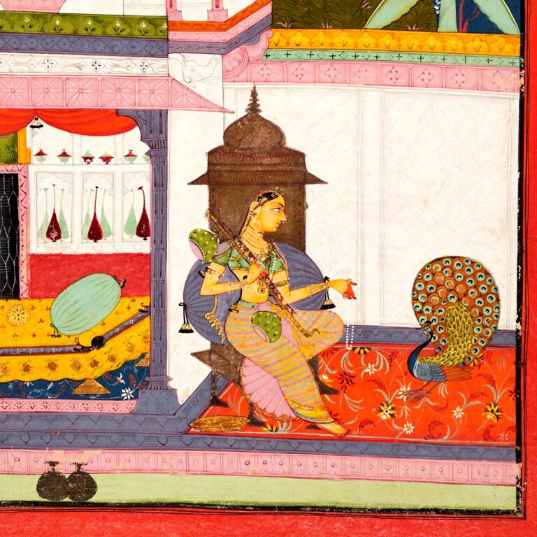 Pintura (Bundi, Rajasthan, c. 1680): Mulher fala a um pavão: Gujarī Rāgiṇī