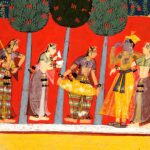 Pintura (Malwa, c. 1650): Mulheres tocam música para Rādhā e Kṛṣṇa
