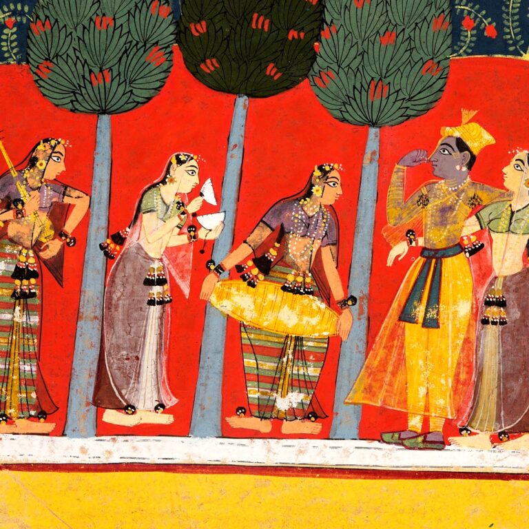 Pintura (Malwa, c. 1650): Mulheres tocam música para Rādhā e Kṛṣṇa