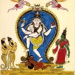 Śiva Naṭarāja dança num arco de chamas; Patañjali, meio serpente, e Vyāghrapāda o adoram à esquerda