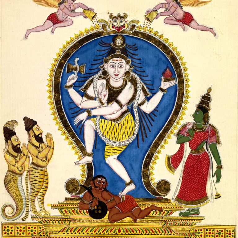 Śiva Naṭarāja dança num arco de chamas; Patañjali, meio serpente, e Vyāghrapāda o adoram à esquerda