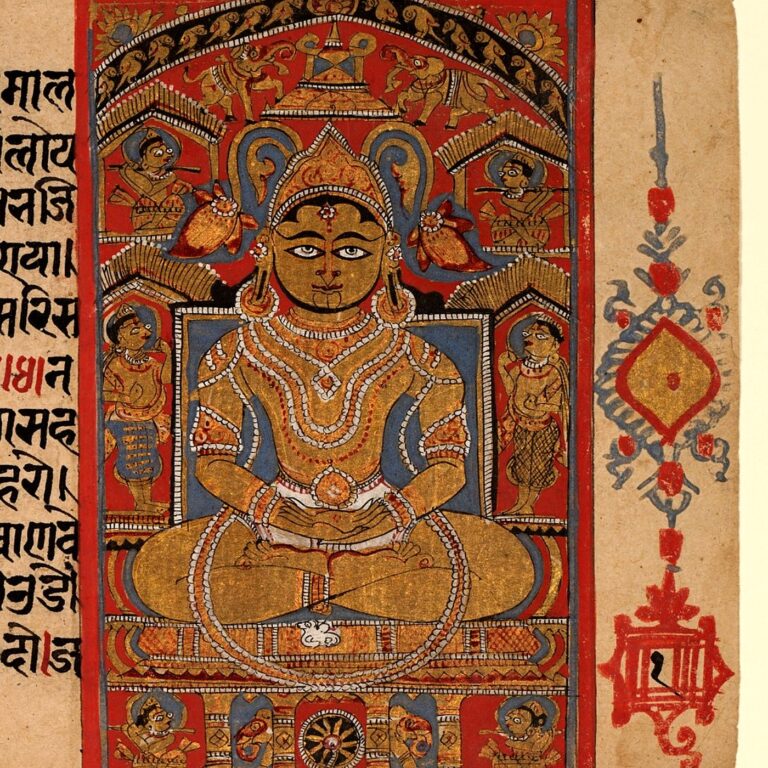 Pintura (Gujarat, c. 1500): O Jina Ṛṣabha entronizado, de um manuscrito jaina