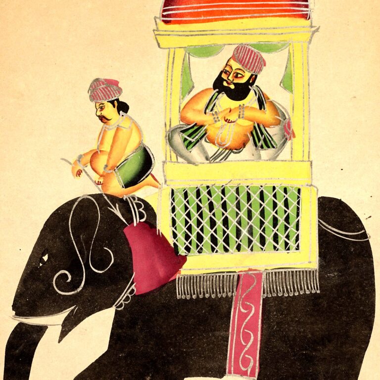 Pintura (Kalighat, Calcutá, c. 1890): O Mahant de Tarakeshwar montado num elefante