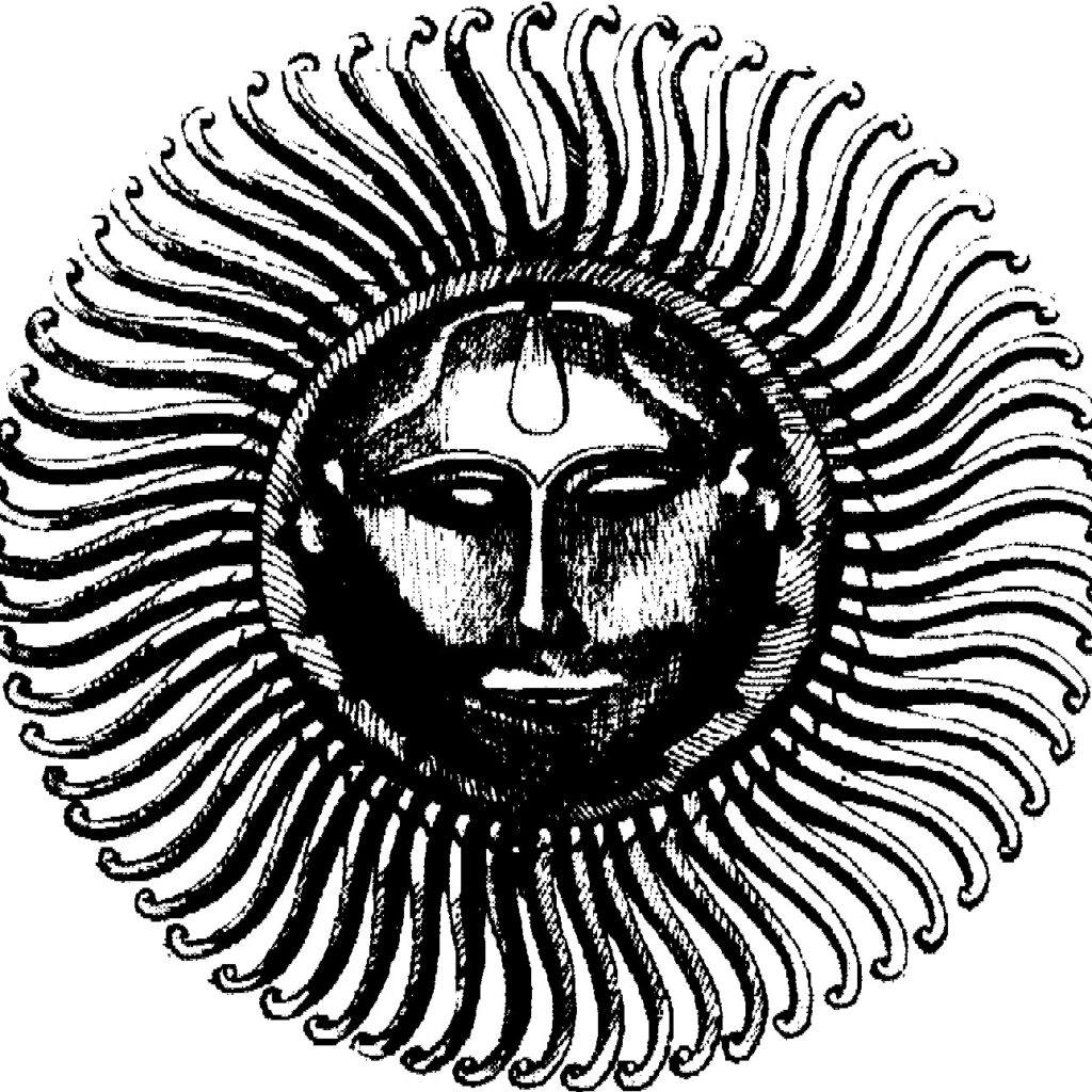 Xilogravura do Sol com rosto humano