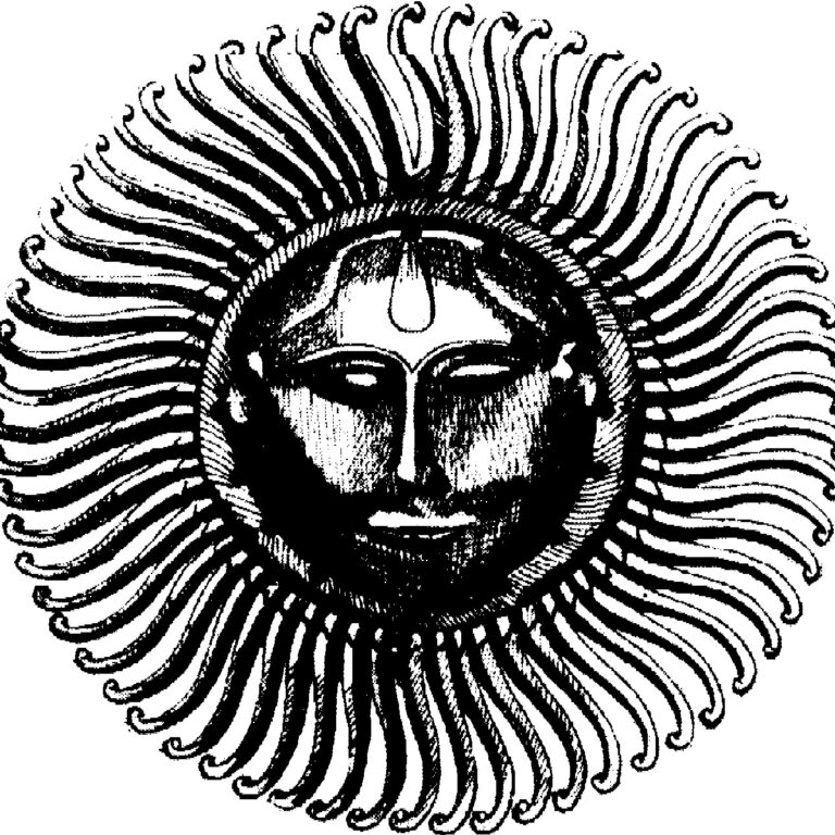 Xilogravura do Sol com rosto humano