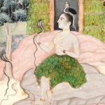 Pintura rajput de Bikaner: princesa asceta numa ilha da floresta, de saia de folhas, cercada de serpentes