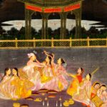 Pintura c. 1760: príncipe e damas brincam o Holī num terraço, sob a lua cheia refletida no rio