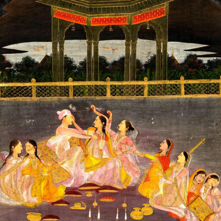 Pintura c. 1760: príncipe e damas brincam o Holī num terraço, sob a lua cheia refletida no rio